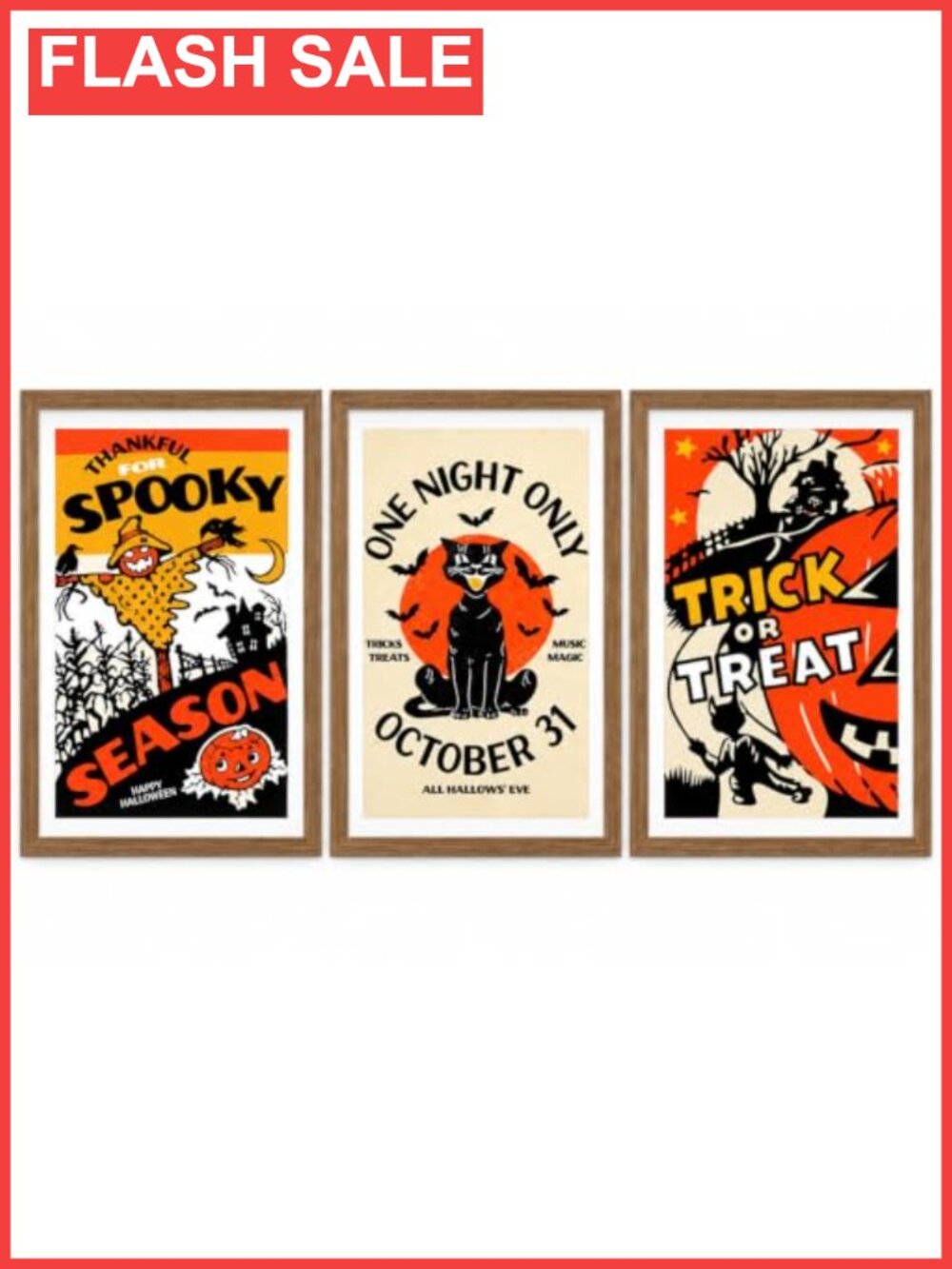3Pc Framed Vintage Halloween Canvas Wall Art Set 8x10 Black Cat